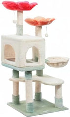 48 inch modern cat tree with suspended basket and floral design, multi-layered cat tower with plush padding