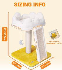 Cat tree, cloud cat tower with soft bed, cat catching pole and mat with larger windows, and cute toys