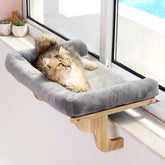 Cat pad, used for window sills with cushions - orthopedic hammock design, made of high-quality hardwood and sturdy metal frame - natural color wood gray bed