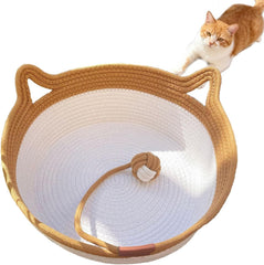 Handmade woven cat basket rope cotton eliminates bed repulsion, circular pet basket, Bohemian cat bed hand woven with breathable and scratch resistant weaving (large size)