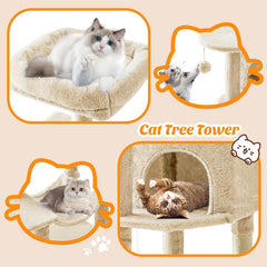 44 inch cat tree tower, cat climbing tower with natural sisal grab pole, hammock