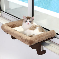 Cat pad, used for window sills with cushions - orthopedic hammock design, made of high-quality hardwood and sturdy metal frame - natural color wood gray bed