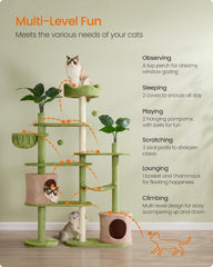 Cat tree, 68.1-inch tall cat tower, multi-layered plush apartment with artificial leaves, 3 grab poles, 2 awnings with bells