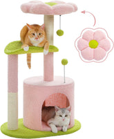 Roadflower Cat Tree Pink 32 inch Kitten Tower Cat Grab Post with Bent Bass, Comfortable Cat Apartment Detachable Flower Bed