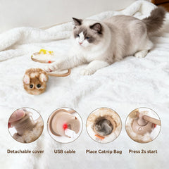 Cat toy 360 ° rolling and rotating, with mesh plastic tail, suitable for indoor cats (brown long)