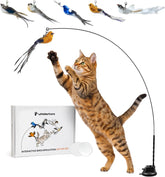 Interactive bird simulation cat toy set, self holding suction cup, 5 replacement birds, feathers and bells, realistic bird impression