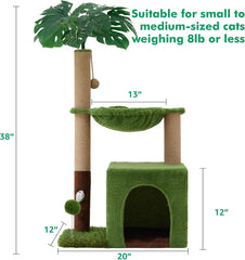 Palm tree, cat tree, 37 inch pole grabbing tower, tropical jungle amusement park, and comfortable plush hammock with natural jute and sisal rope