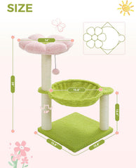Flower cat tree, 28 inch cat tower with comfortable perch, large hammock for indoor cats, pink