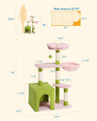 Indoor cat with flower cat tree, 41.2-inch adult cat with cute cat tree | 2-door large cat apartment cave bed, cat tower with scratch post, comfortable flower perch and kitten hammock