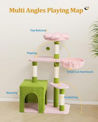 Indoor cat with flower cat tree, 41.2-inch adult cat with cute cat tree | 2-door large cat apartment cave bed, cat tower with scratch post, comfortable flower perch and kitten hammock