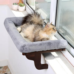 Cat pad, used for window sills with cushions - orthopedic hammock design, made of high-quality hardwood and sturdy metal frame - natural color wood gray bed