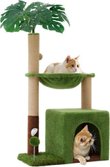Palm tree, cat tree, 37 inch pole grabbing tower, tropical jungle amusement park, and comfortable plush hammock with natural jute and sisal rope