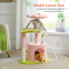 Roadflower Cat Tree Pink 32 inch Kitten Tower Cat Grab Post with Bent Bass, Comfortable Cat Apartment Detachable Flower Bed