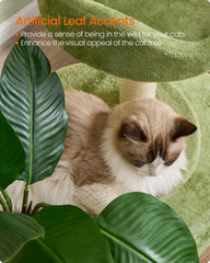 Cat tree, 68.1-inch tall cat tower, multi-layered plush apartment with artificial leaves, 3 grab poles, 2 awnings with bells