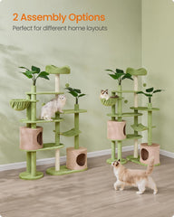 Cat tree, 68.1-inch tall cat tower, multi-layered plush apartment with artificial leaves, 3 grab poles, 2 awnings with bells