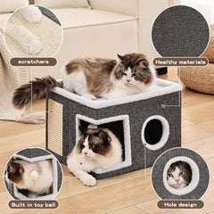 Equipped with fluffy balls and floor mats | Foldable cat bed hole, suitable for multiple pets, 16x16x13 inches, gray
