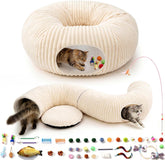 Cat Tunnel Bed with 40 Pcs Interactive Cat Toys, Cat Tube with Kitten Toys for Indoor Kittens, Collapsible Play Tunnel, White