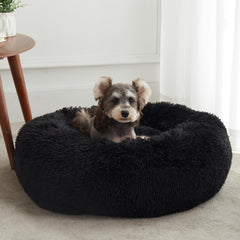 Soothing and soft round dog and cat bed, with donuts for warmth and comfort, fluffy artificial fur plush mattress (20 inches/24 inches/27 inches/30 inches), light gray