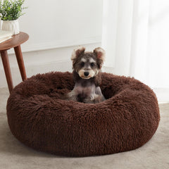 Soothing and soft round dog and cat bed, with donuts for warmth and comfort, fluffy artificial fur plush mattress (20 inches/24 inches/27 inches/30 inches), light gray
