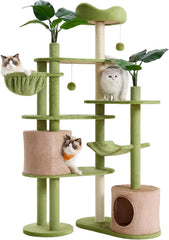 Cat tree, 68.1-inch tall cat tower, multi-layered plush apartment with artificial leaves, 3 grab poles, 2 awnings with bells