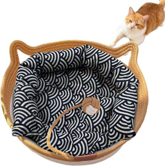 Handmade woven cat basket rope cotton eliminates bed repulsion, circular pet basket, Bohemian cat bed hand woven with breathable and scratch resistant weaving (large size)