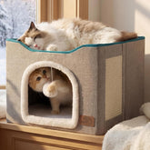 Cat house bed, suitable for indoor cats, equipped with fluffy balls and scratch pads, gray | 16.5x16.5x13 inches, foldable cat hiding place cube