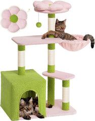 Indoor cat with flower cat tree, 41.2-inch adult cat with cute cat tree | 2-door large cat apartment cave bed, cat tower with scratch post, comfortable flower perch and kitten hammock