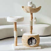Modern cat tree tower with caves, solid wood cat catching poles for large adult cats indoors, solid wood climbing tower