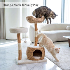 Modern cat tree tower with caves, solid wood cat catching poles for large adult cats indoors, solid wood climbing tower
