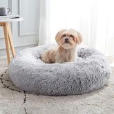 Soothing and soft round dog and cat bed, with donuts for warmth and comfort, fluffy artificial fur plush mattress (20 inches/24 inches/27 inches/30 inches), light gray