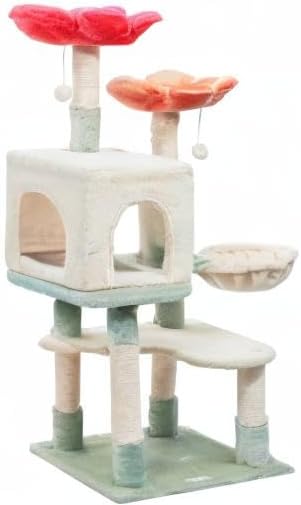 48 inch modern cat tree with suspended basket and floral design, multi-layered cat tower with plush padding