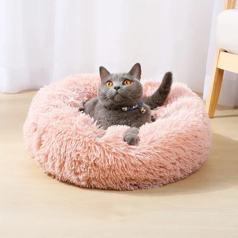 20/24 inch washable cat bed, small to medium-sized dog bed, anti anxiety round fluffy plush faux fur pet bed (pink, medium)