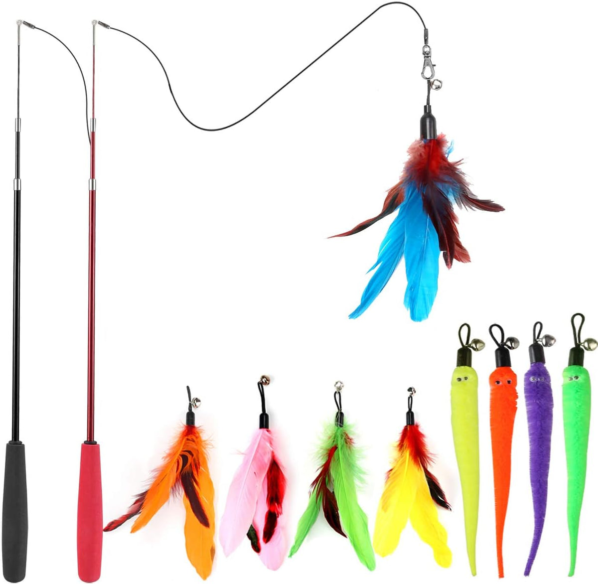Interactive cat toy 2PCS telescopic wand toy and 9 cat feather toy fillers, boring indoor cat chase and exercise