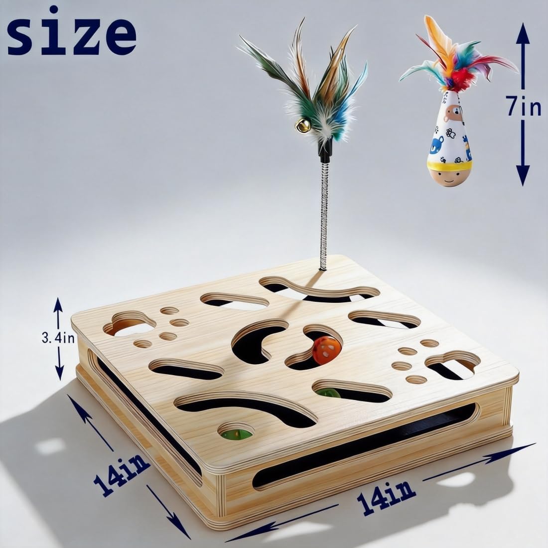 Nail file activity center with sandpaper scratch pad and clock ball toy - stress relieving and puzzle natural beech cat toy