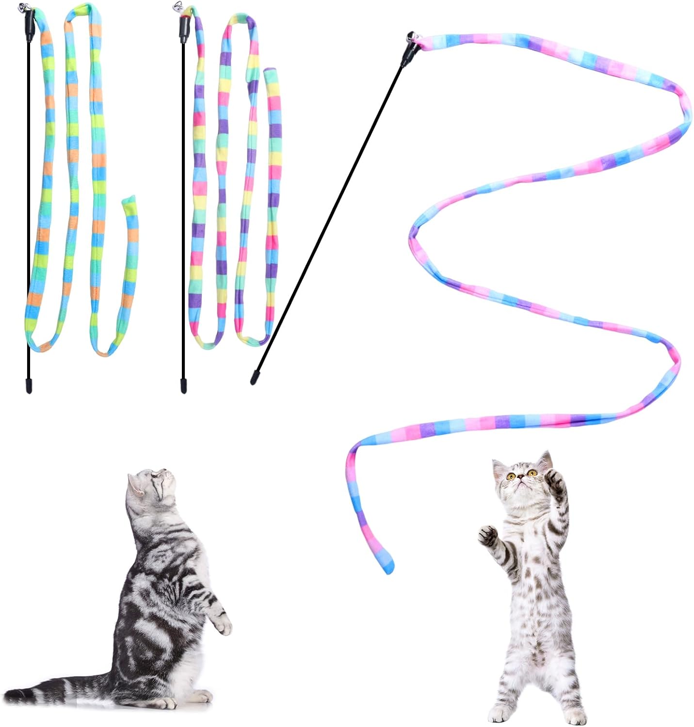 Cat Stick Toy Indoor Cat Interactive Cat Toy Colorful Stick String Sports Cat Stick Cat Rope Toy Rainbow Ribbon Cat Charm -2 pieces