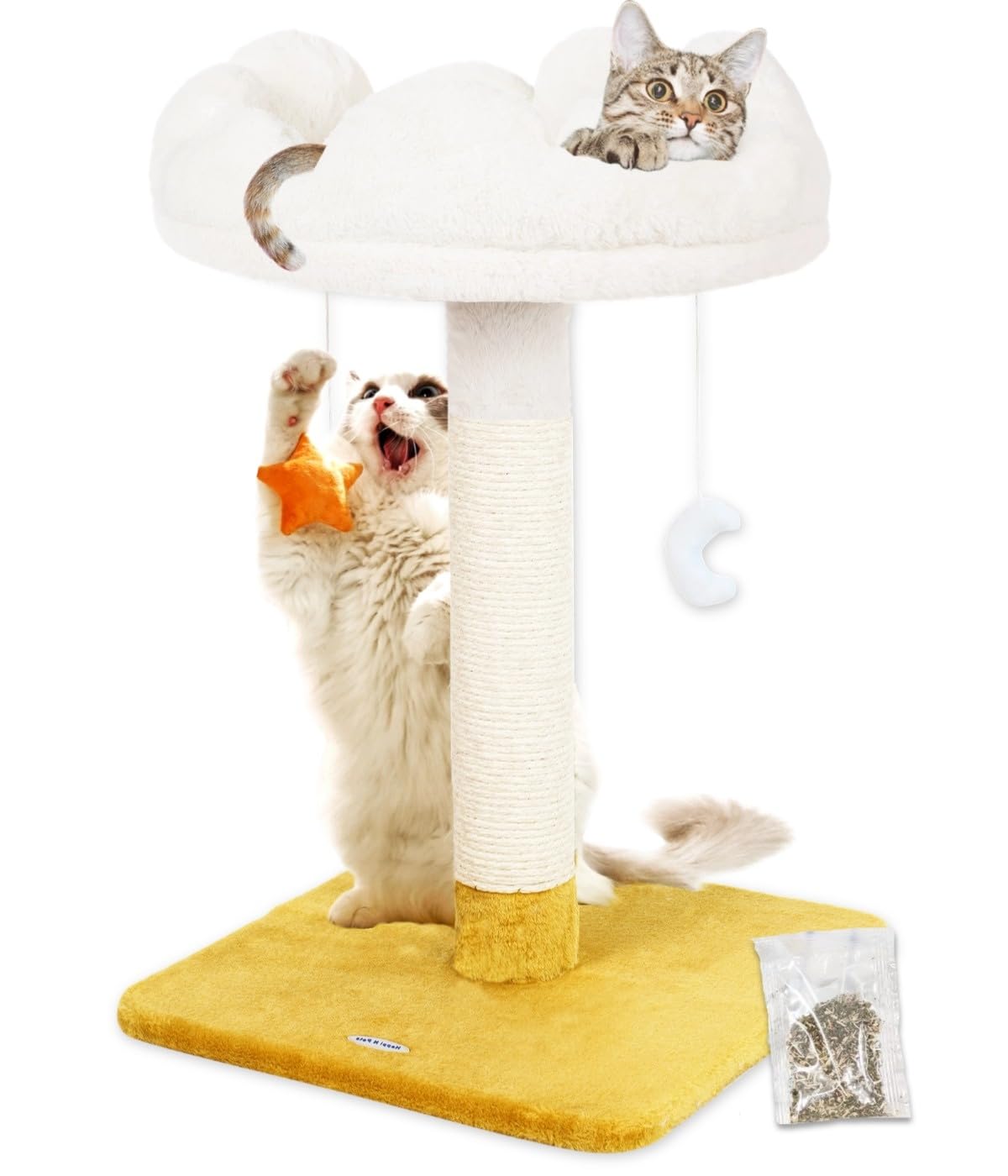 Cat tree, cloud cat tower with soft bed, cat catching pole and mat with larger windows, and cute toys