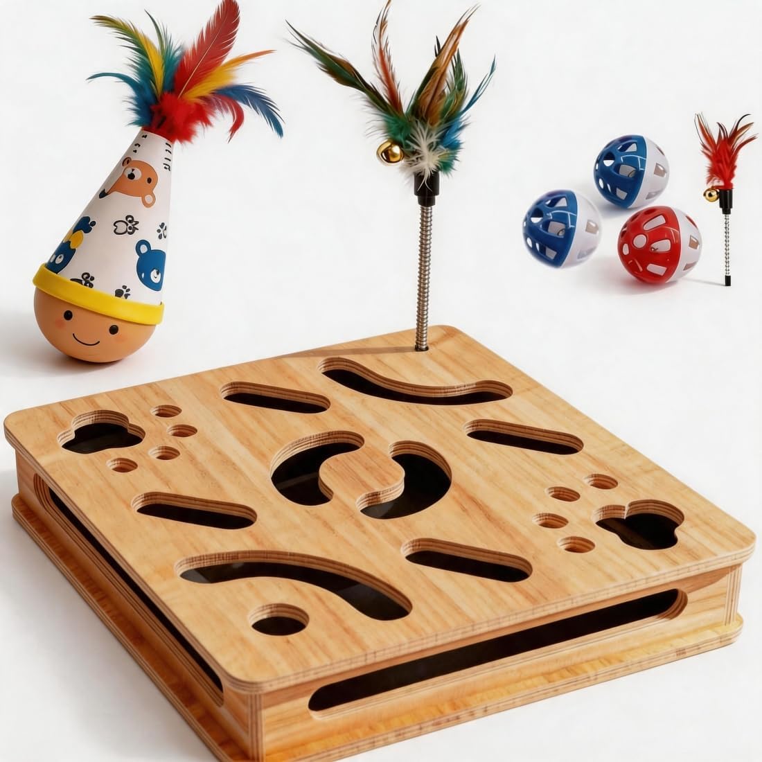 Nail file activity center with sandpaper scratch pad and clock ball toy - stress relieving and puzzle natural beech cat toy