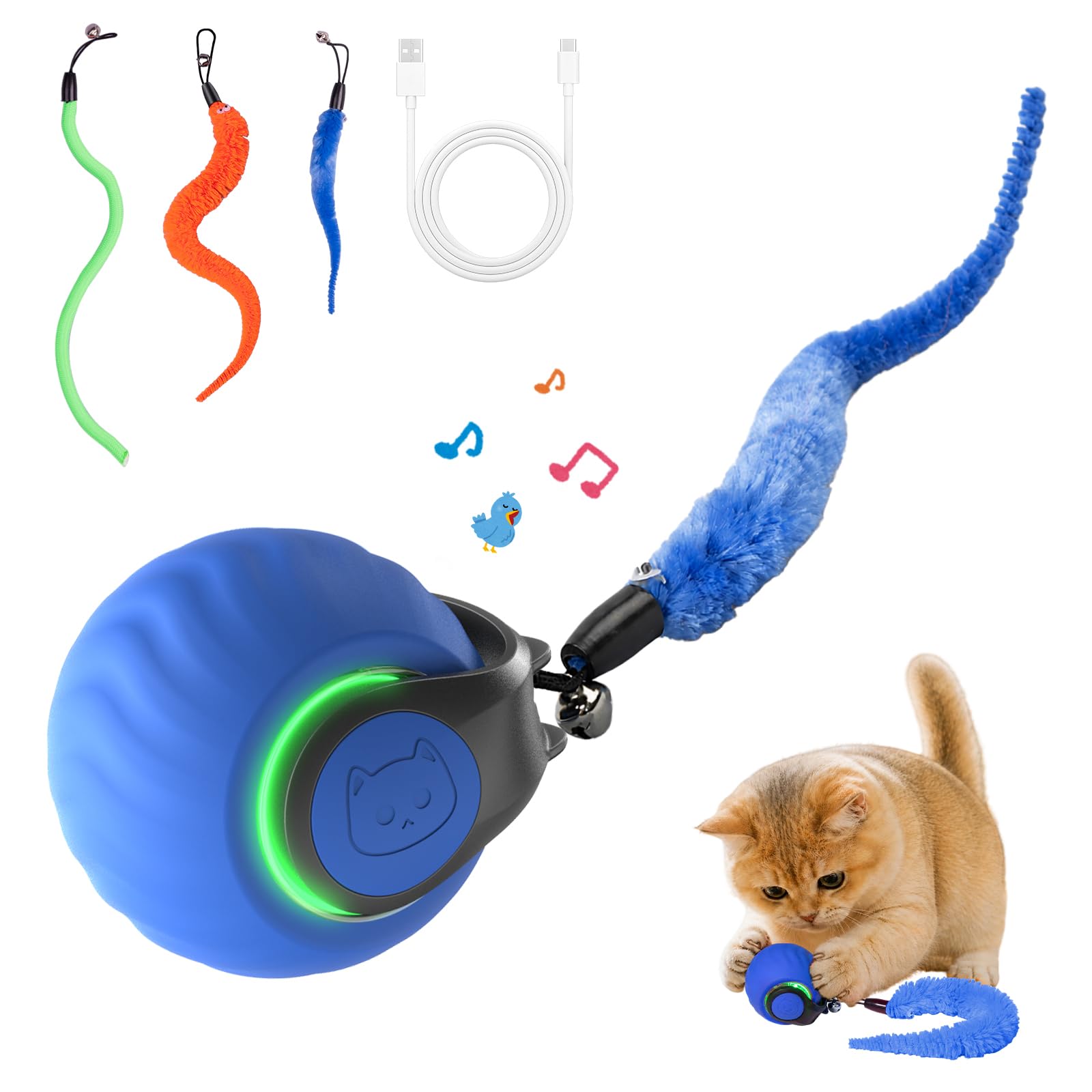 Geamen Interactive Cat Toys with Bird Sounds & 3 Speed Modes, Rechargeable Automatic Moving Cat Toy with 3 Tails, Fast Charging Smart Rolling Ball for Indoor Cats to Chase Play on Hard Floor Carpet
