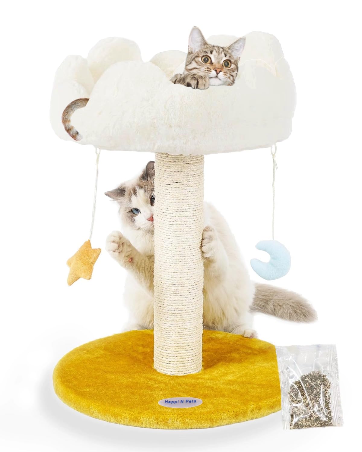 Cat tree, cloud cat tower with soft bed, cat catching pole and mat with larger windows, and cute toys