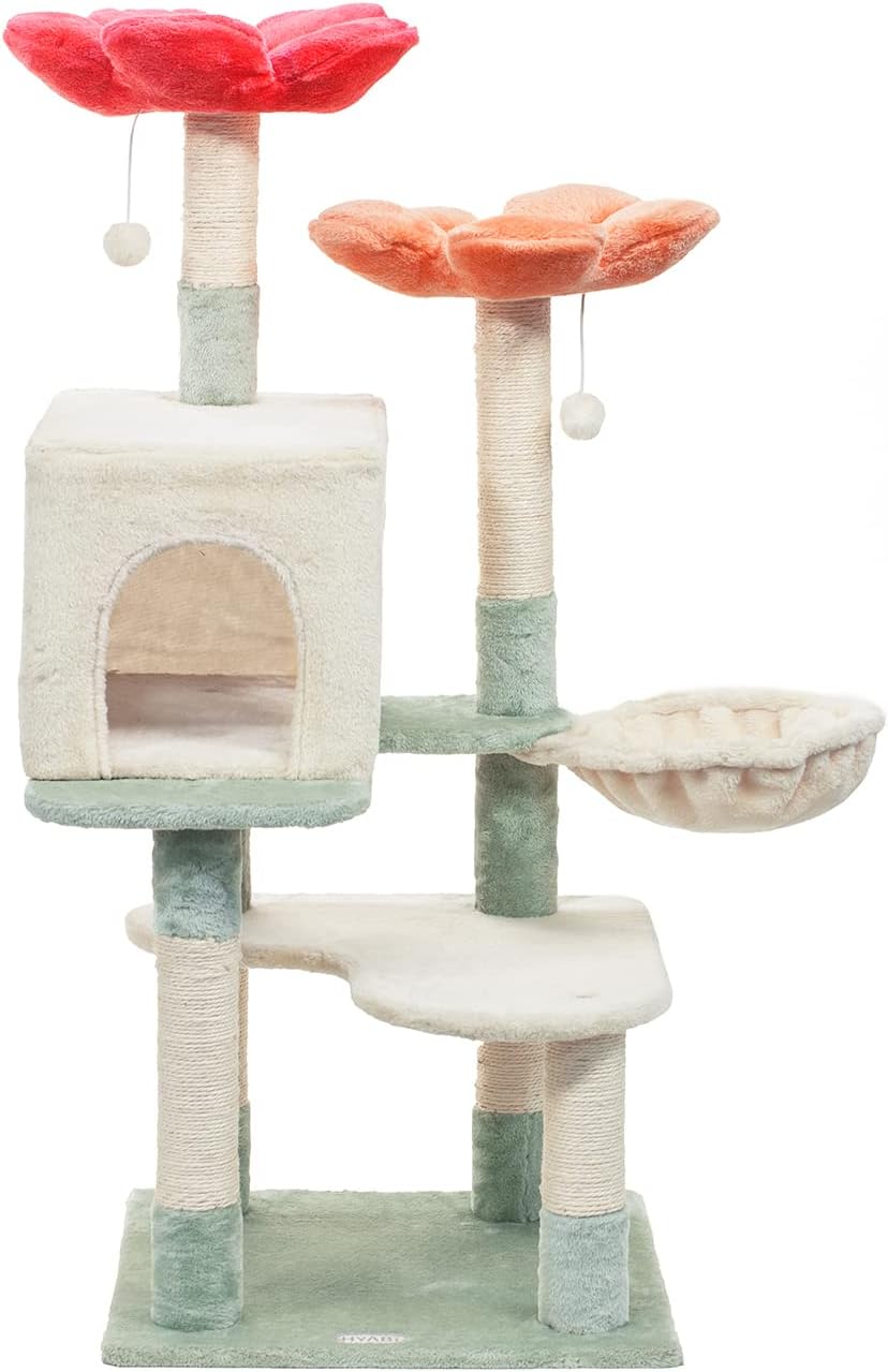 48 inch modern cat tree with suspended basket and floral design, multi-layered cat tower with plush padding