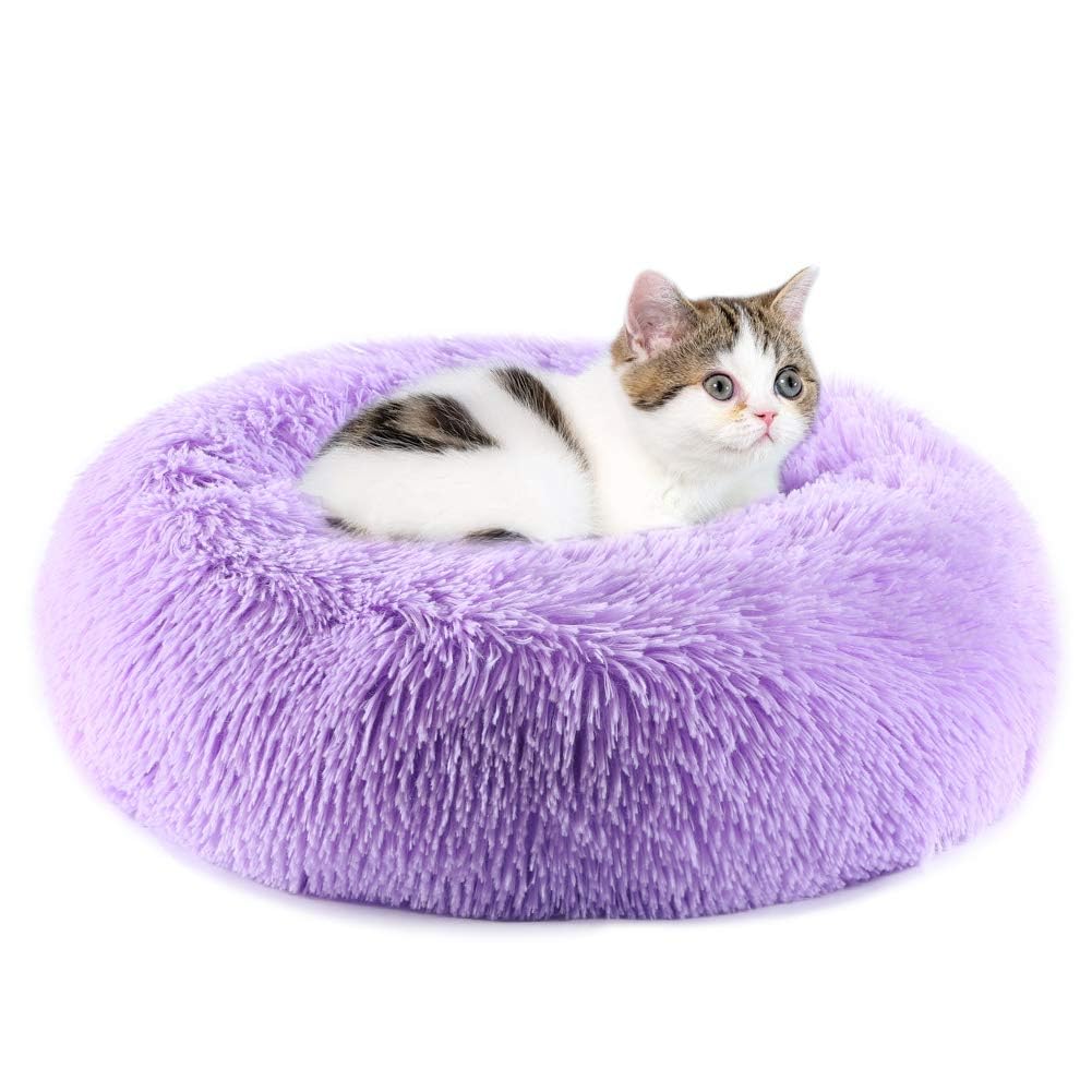 20/24 inch washable cat bed, small to medium-sized dog bed, anti anxiety round fluffy plush faux fur pet bed (pink, medium)