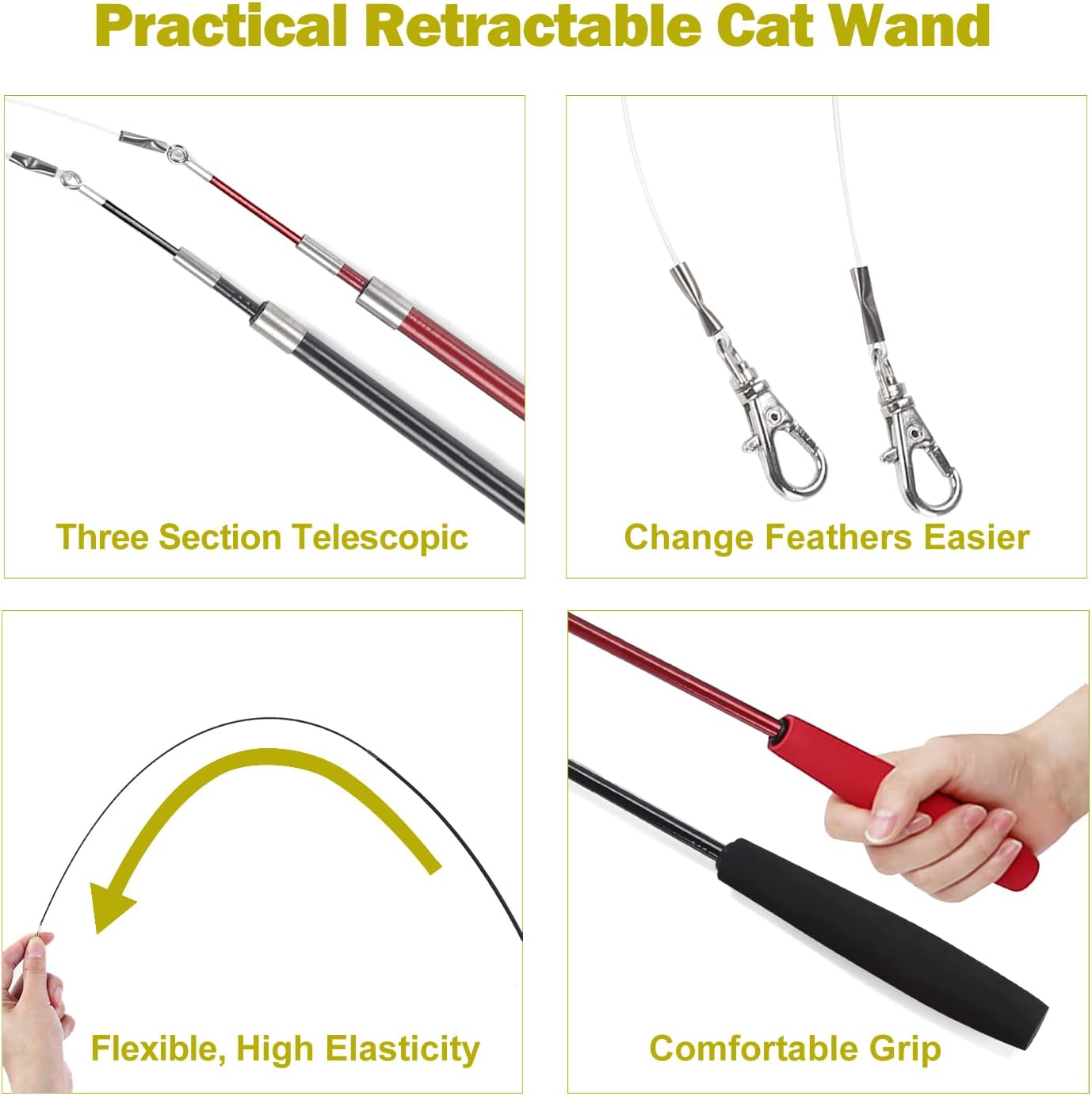 Interactive cat toy 2PCS telescopic wand toy and 9 cat feather toy fillers, boring indoor cat chase and exercise