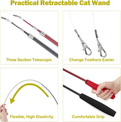 Interactive cat toy 2PCS telescopic wand toy and 9 cat feather toy fillers, boring indoor cat chase and exercise