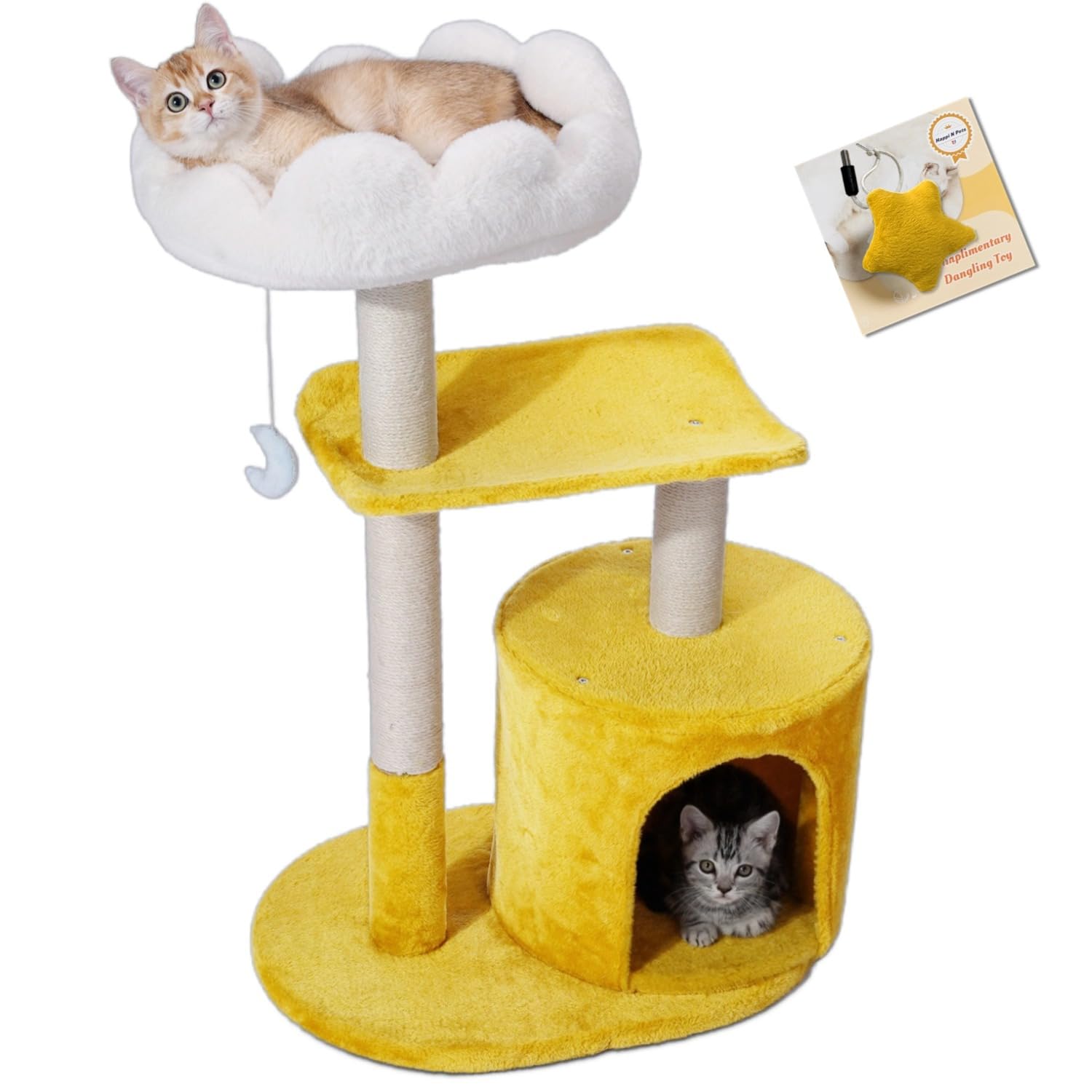 Cat tree, cloud cat tower with soft bed, cat catching pole and mat with larger windows, and cute toys