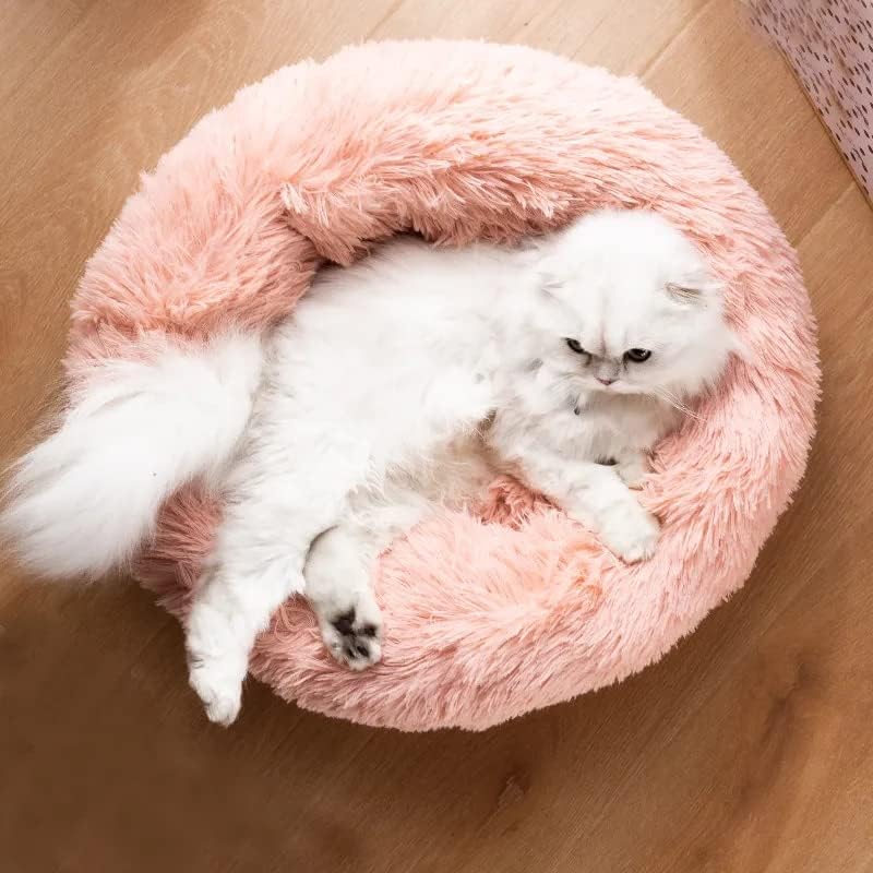 20/24 inch washable cat bed, small to medium-sized dog bed, anti anxiety round fluffy plush faux fur pet bed (pink, medium)