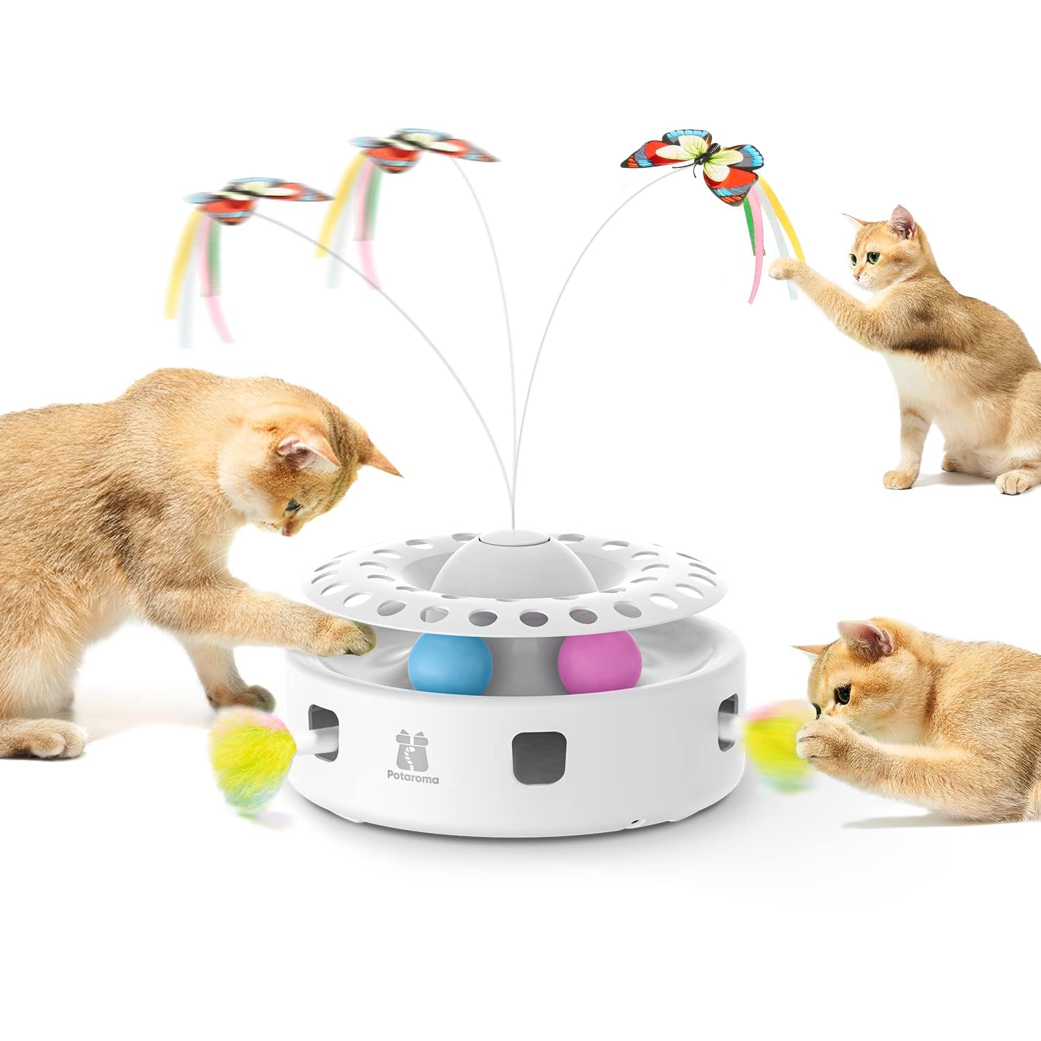 Cat Toy 3-in-1 Automatic Interactive Cat Toy, Butterfly Dancing, Feather Moving, Track Ball, Indoor Sports Kick (Bright White)