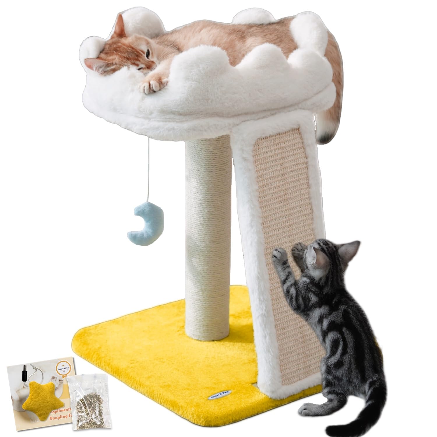 Cat tree, cloud cat tower with soft bed, cat catching pole and mat with larger windows, and cute toys