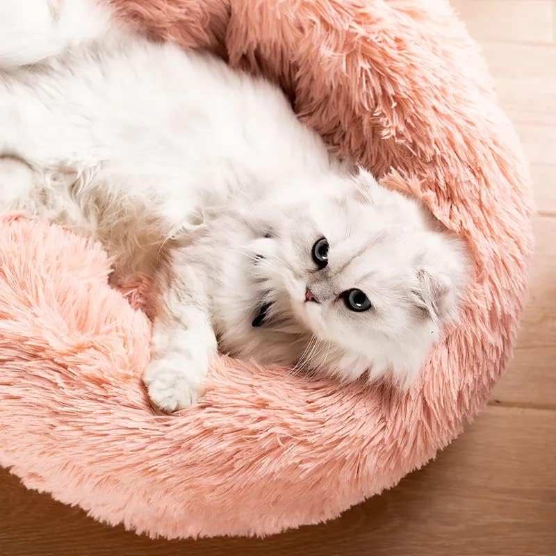 20/24 inch washable cat bed, small to medium-sized dog bed, anti anxiety round fluffy plush faux fur pet bed (pink, medium)