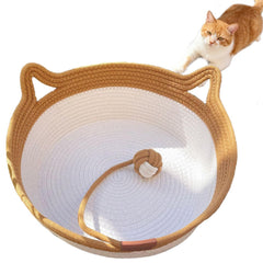 Handmade woven cat basket rope cotton eliminates bed repulsion, circular pet basket, Bohemian cat bed hand woven with breathable and scratch resistant weaving (large size)