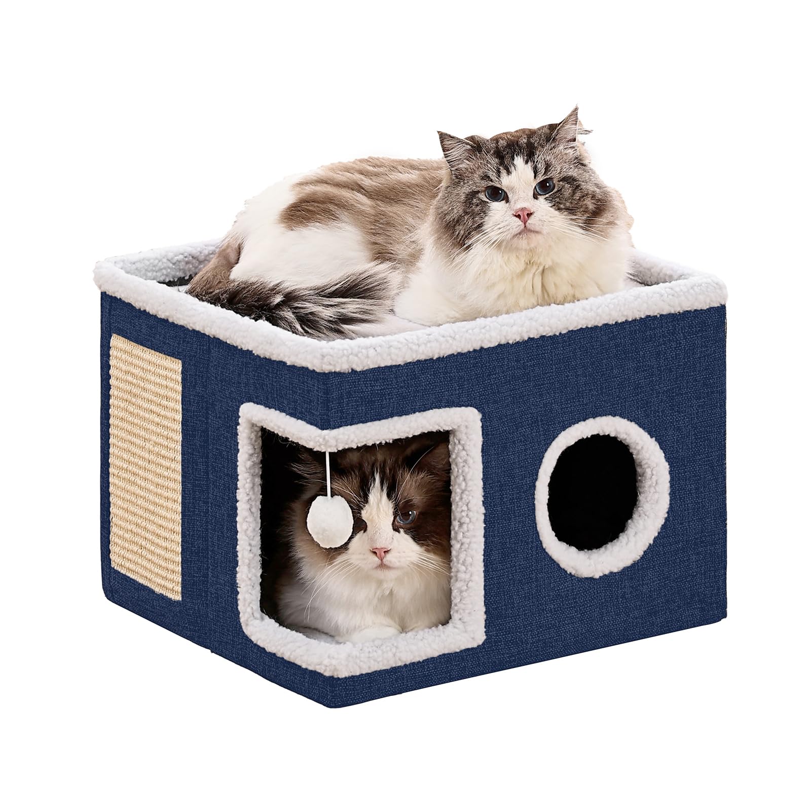 Equipped with fluffy balls and floor mats | Foldable cat bed hole, suitable for multiple pets, 16x16x13 inches, gray